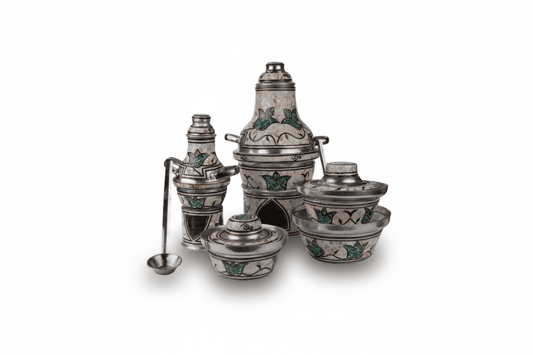 طقم ضيافة ألومنيوم مطعّم بالصدف – 5 قطع